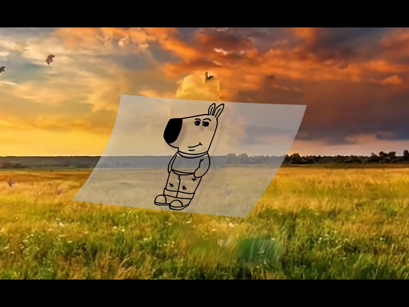 a drawing of a dog in the middle of a field